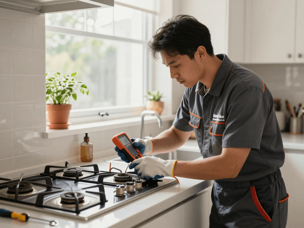 Gas Appliance Service in North York, technician inspecting gas oven with tools in modern kitchen.