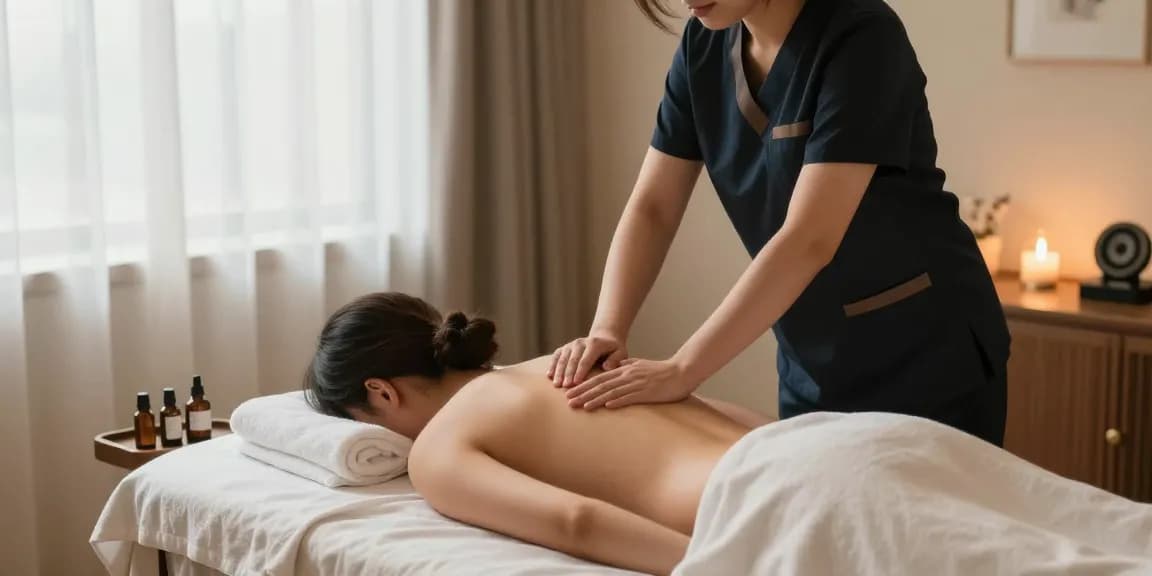 Enjoying a 출장마사지 in a tranquil home setting with aromatherapy and soft lighting.