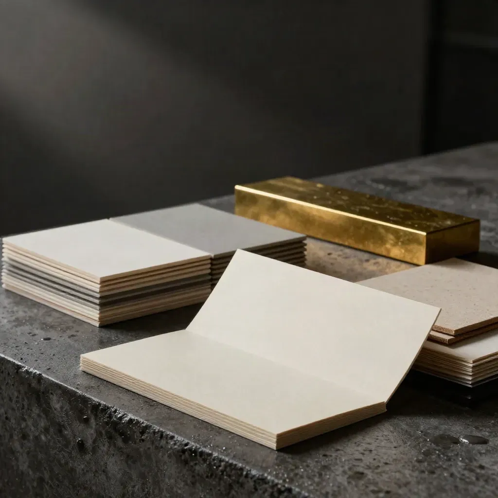 Moody brand studio still life with paper boards, brass foil block, and packaging mockups.