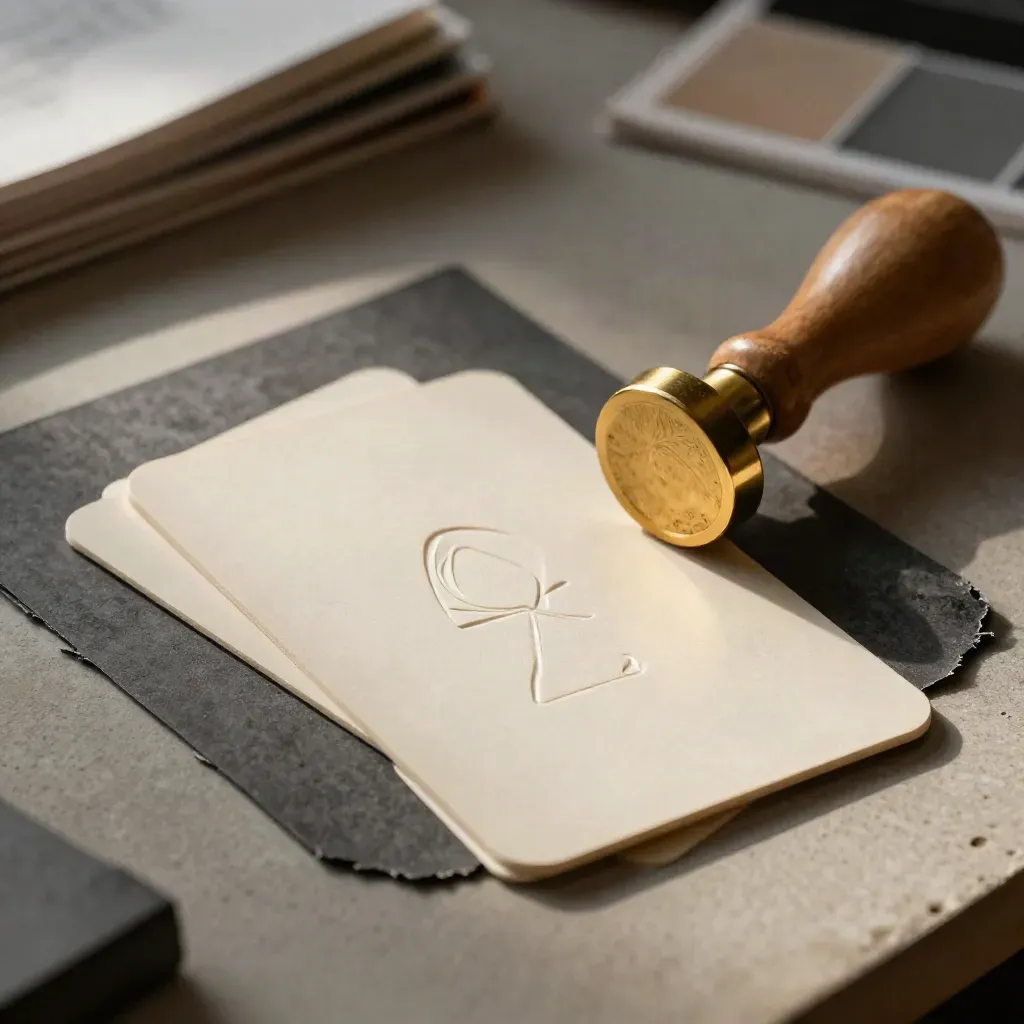 Embossed logo proofs, brass stamp, and charcoal sheet on an ivory studio surface.