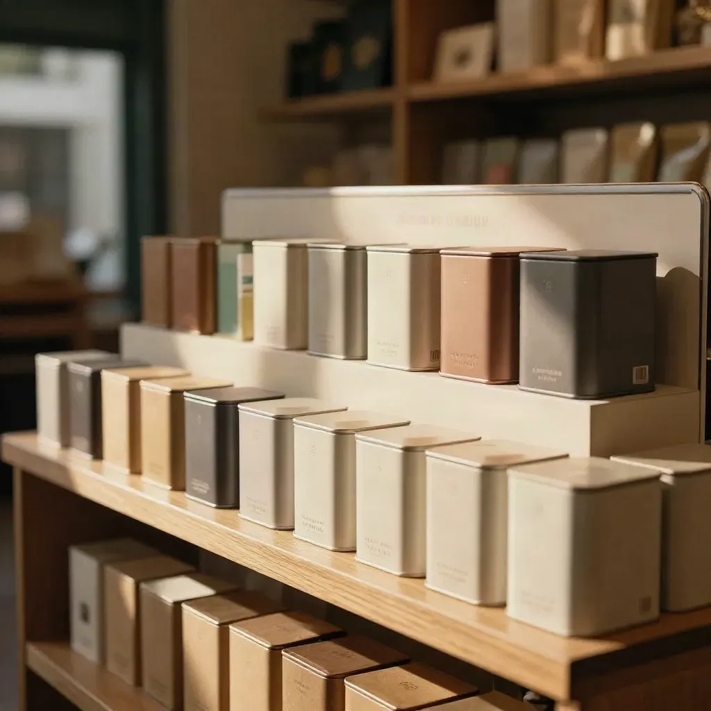 Finished tea tins and kraft cartons on a warm retail shelf in soft store light.