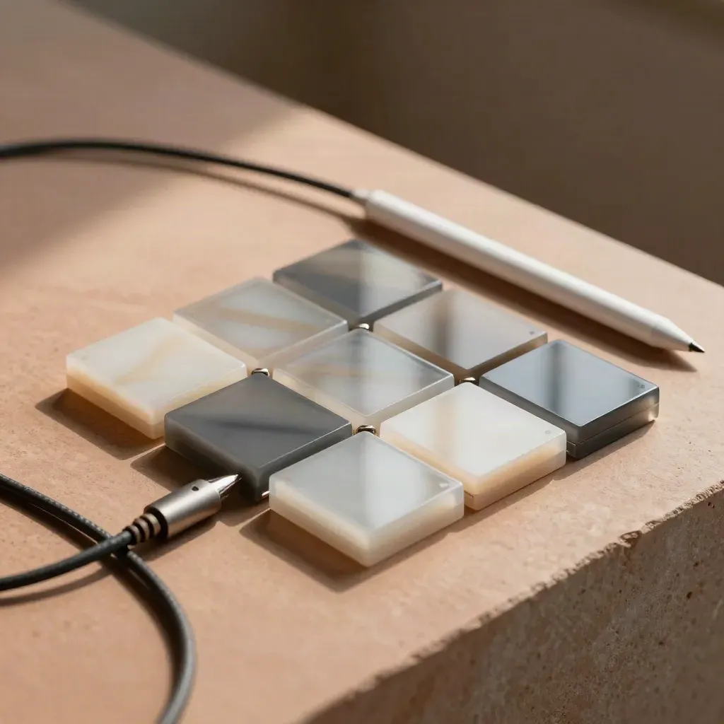 Acrylic interface tiles, stylus, and cable arranged on a pale surface in a top-down design still life.