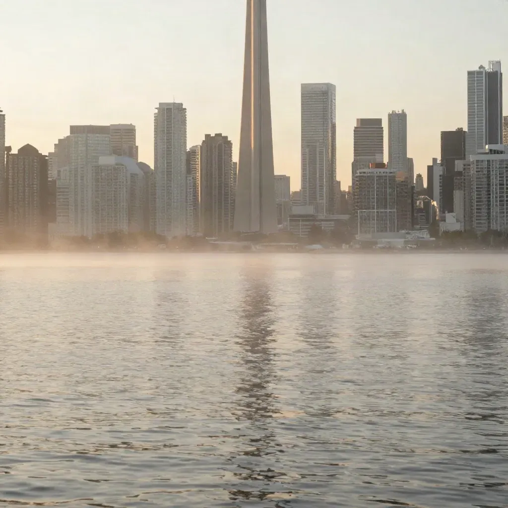 Toronto skyline and CN Tower lifting from lake mist at golden hour.
