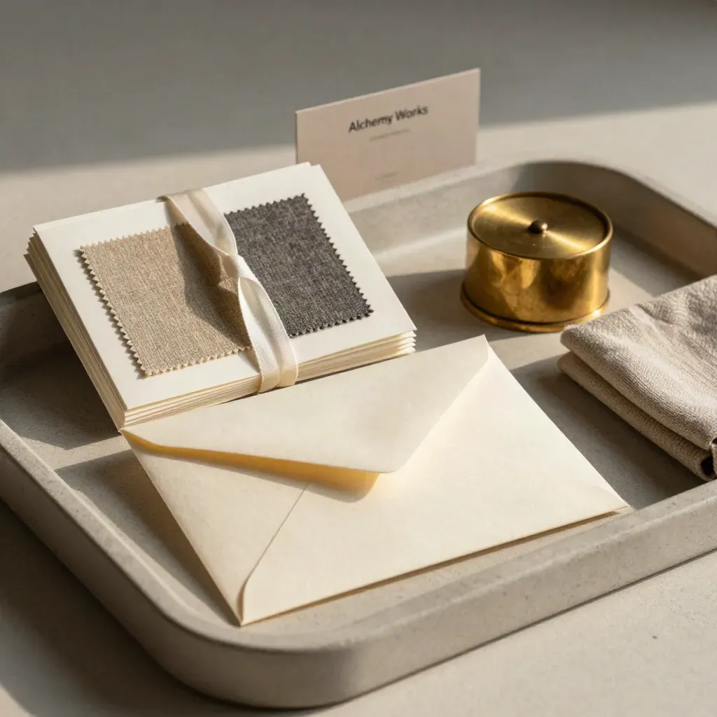 Stone tray with envelope, ribbon-tied files, fabric swatch and brass paperweight.