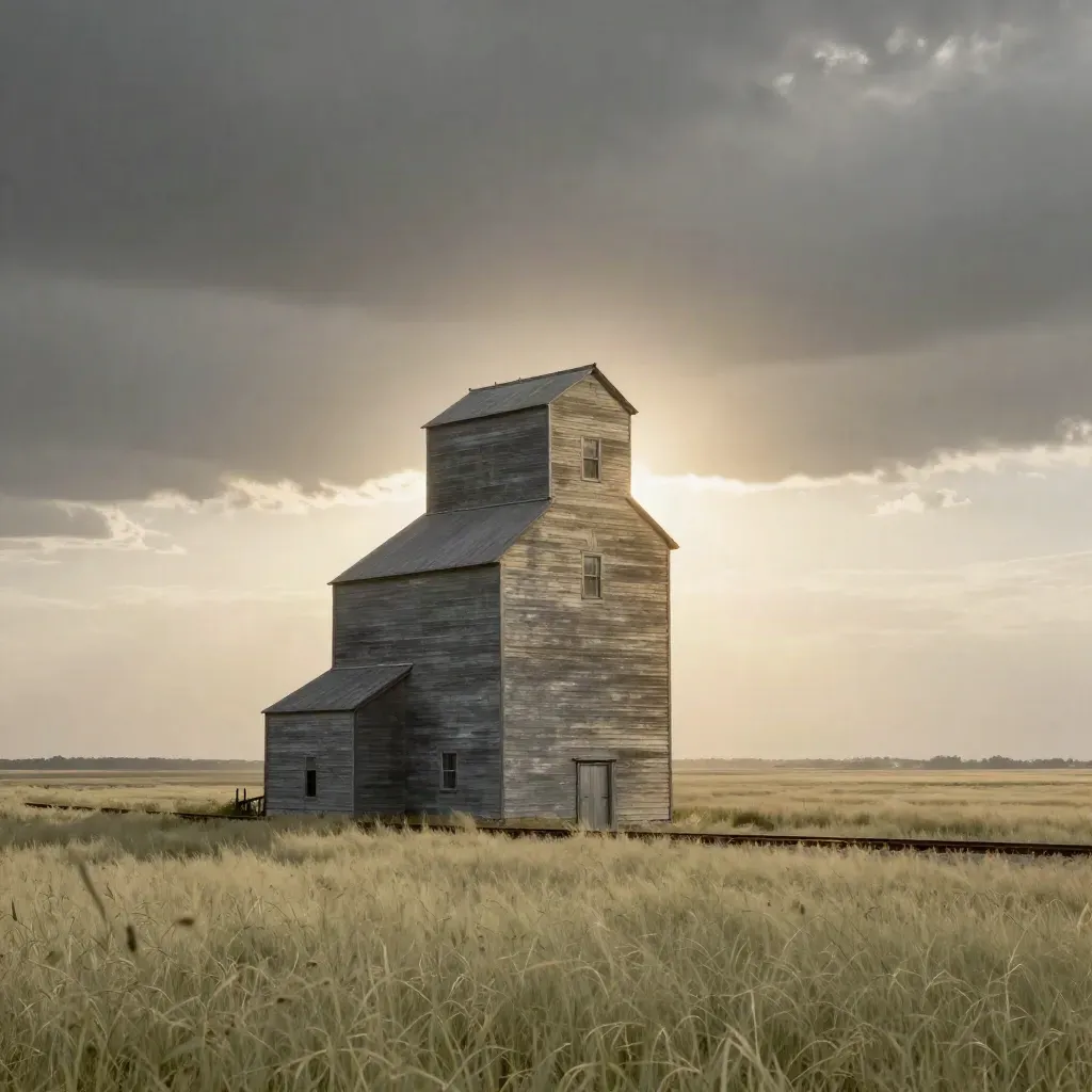 Lone prairie grain elevator glowing after a storm over quiet grassland and rail spur