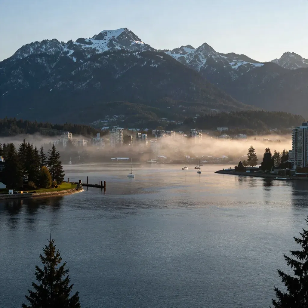 Vancouver harbour at dawn with hazy North Shore mountains and calm navy water.