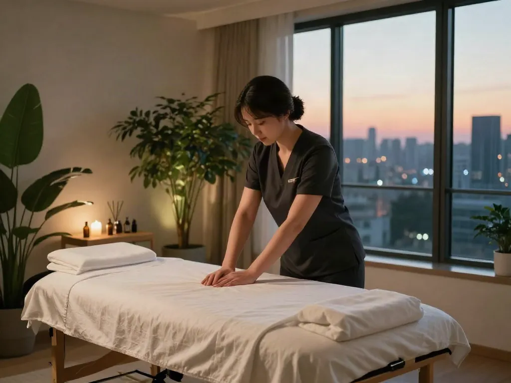 Serene 서울출장안마 scene with a massage therapist preparing a cozy space.